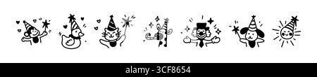 Set mit niedlichen Leinen-Doodle-Kindertieren. Designelemente für Geburtstagsfeiern, lustige Charaktere. Kindliche Zeichnung des Bundes. Hund, Katze, Giraffe, Ente, Affe, Clown Stock Vektor