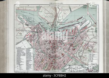 Historische Stadtkarte von Amsterdam um 1900, Doppelseite aus dem Brockhaus Lexicon von 1908, Deutschland Stockfoto