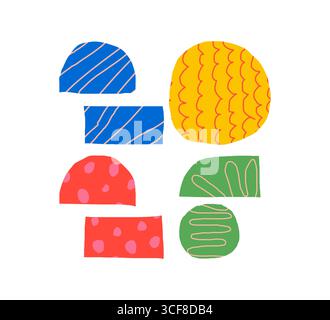 Farbenfrohes künstlerisches 2026-Design mit handgezeichneter Kalligraphie und verspielten Zeichentrickelementen. Minimale kreative Vorlage für Neujahrs-Postkarten, Einladungen oder Firmenfeiergrüße. Stock Vektor