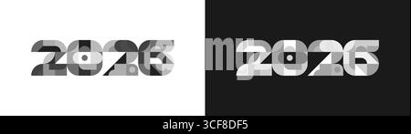 Stilvolles Neujahrsdesign 2026 in Bauhaus-Ästhetik mit geometrischen Schwarz-weiß-Formen. Flache Vektorgrafik für kreative Kalendereinband, Jubiläumsposter oder moderne Weihnachtskarte. Stock Vektor