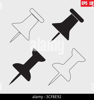 Drücken Sie das Symbol „Pin“ in schwarzer, durchgehender, flacher Ausführung. Social Media, Instagram Pin-Symbol. Nadel, angeheftet, befestigt, und Notizsymbol. Umrissenes, flaches, Vektorsymbol Stock Vektor