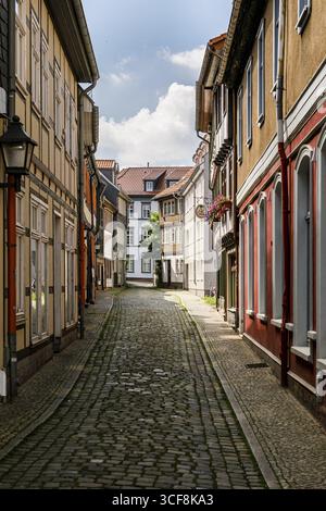 Historische Altstadt, mittelalterliche Gassen, Kopfsteinpflaster, Fachwerkhäuser, Nordhausen, Thüringen, Deutschland Stockfoto