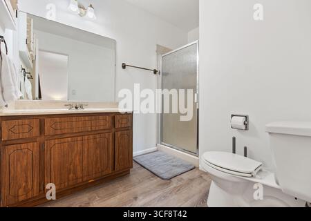 Modernes Innendesign des Badezimmers mit Dusche und Kosmetikbereichen Stockfoto