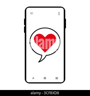 Smartphone mit Heart Chat Bubble Illustration. Ein moderner Smartphone-Bildschirm, der eine große Chat-Blase mit einem auffälligen roten Herzen zeigt. Stock Vektor