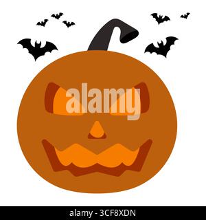 Gruseliger Halloween-Kürbis mit Fledermaus-Illustration. Ein gruseliger geschnitzter Halloween-Kürbis mit leuchtenden Augen und einem zackigen Mund, umgeben von fliegenden Fledermäusen. Stock Vektor