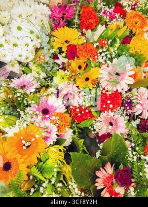 Bunte Blumenköpfe aus Rosen, Gerberas, Chrysanthemen, gypsophila, Dahlien aus nächster Nähe. Stockfoto