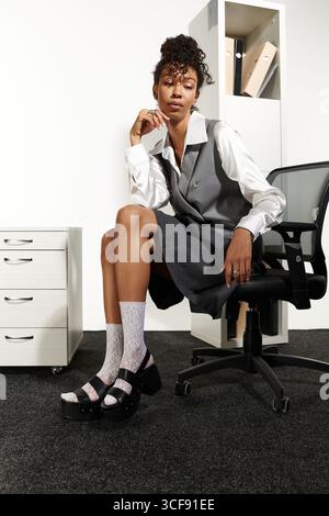 Eine junge Frau sitzt anmutig in einem Büro und zeigt ihre schicke Geschäftskleidung. Stockfoto