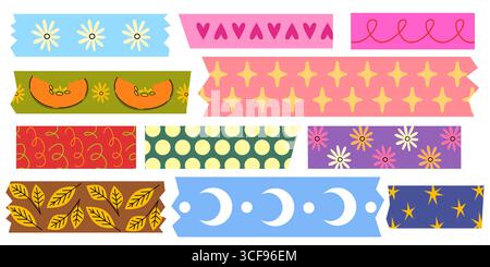 Bunte dekorative Washi Tape Streifen für Scrapbook Basteln - verschiedene Muster mit Blumen und Herzen, Monden und Blättern, Sternen und geometrischen Formen. Helle Klebebandsammlung für DIY-Journals Stock Vektor