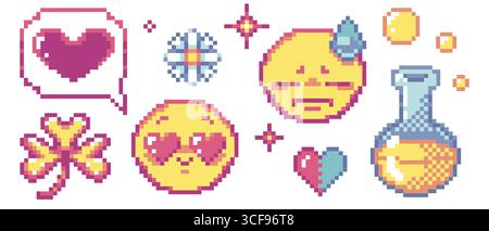 Pixel Art y2k Set - rosafarbene Herzliebeblase, Kleeblatt, Emoticon in Liebe und Schwitzen Gesicht, romantisches Symbol, Zaubertränkflasche für Retro-Spiel-Interface. Vintage-Funkeln und Blumensykonen Stock Vektor