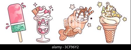 Kawaii Eisdesserts - rosafarbene Wassermelonen-Eis, Erdbeerbecher im Glas mit Waffel, Schokoladen-Taiyaki gefüllt mit Strudeln, weiche Servierkegel mit Zitronenscheibe für süße Sommerspezialitäten. Stock Vektor