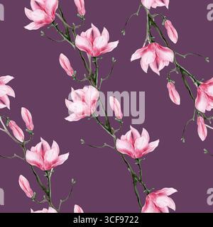 Nahtlose Magnolienblume Muster handgemalt in Aquarellrot Burgunderrot Hintergrund strukturierte Wirkung botanischer Stockfoto