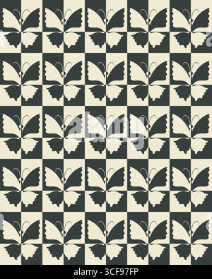 Schachbrett, nahtloses Muster mit Schmetterlingssilhouette. Dekoratives geometrisches Gitter. Schwarze weiße Vintage-Farbpalette. Klassisches grafisches Design Stock Vektor