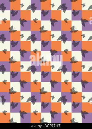 Schachbrett, süßes, nahtloses Schmetterlingsmuster. Dekoratives geometrisches Gitter. Farbenfrohe Vintage-Farbpalette für Halloween. Grafische Klassik Stock Vektor
