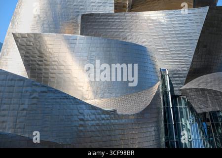 Details der Außenverkleidung aus Titan am Guggenheim Museum in Bilbao, Nordspanien, Stockfoto