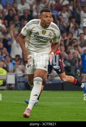 Kylian Mbappe, Real Madrid Stürmer, feiert ein Tor. Stockfoto