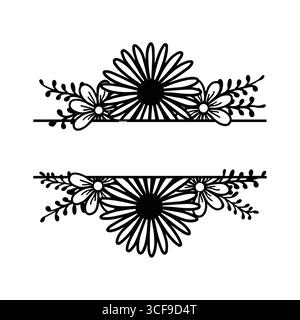 Geteilter Monogrammrahmen der Sonnenblume. Blume Rahmen mit Gänseblümchen oder Sonnenblumen Vektor Illustration Stock Vektor