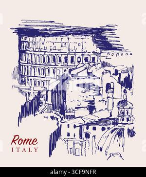 Vektor-handgezeichnete Skizze Illustration eines Panoramablicks auf Rom und das Kolosseum Stock Vektor