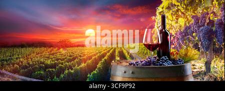 Rotwein Im Weinberg Bei Sonnenuntergang - Weinglas Mit Flaschen Auf Fass In Ländlicher Landschaft Stockfoto