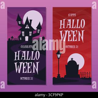 Editierbares, gruseliges vertikales Halloween-Banner-Set mit Spukhaus und Friedhof, ideal für saisonales Marketing oder Partyeinladungen Stock Vektor