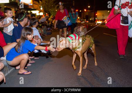 Kaimuki Weihnachtsparade, Honolulu, Oahu, Hawaii, USA. Erwachsene und Kinder aus vielen Gemeindeorganisationen, Schulen und Unternehmen nehmen am Teil Stockfoto
