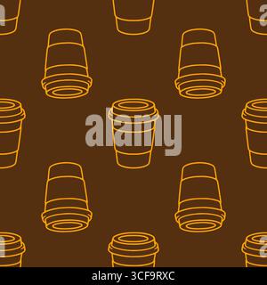 Nahtloses Vektormuster von Kaffeetassen mit orangefarbenem Rand auf braunem Hintergrund, ideal für Café-Branding oder Verpackungsdesign. Stock Vektor