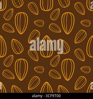 Nahtloses Vektormuster aus stilisierten orangen Sonnenblumenkernen auf einem dunkelbraunen Hintergrund, wodurch eine minimalistische und organische Textur entsteht, die ideal für verschiedene des ist Stock Vektor
