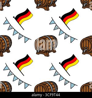 Nahtloses Vektormuster mit handgezeichneten Illustrationen von deutschen Bierfässern, Flaggen und festlichen Fahnen, die ein fröhliches Oktoberfest-Design schaffen. Stock Vektor