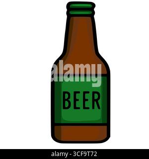 Eine Vektor-Illustration einer braunen Bierflasche mit einem grünen Etikett, mit einem einfachen, aber auffälligen Cartoon-Stil, perfekt für Brauereien oder Pubs Stock Vektor