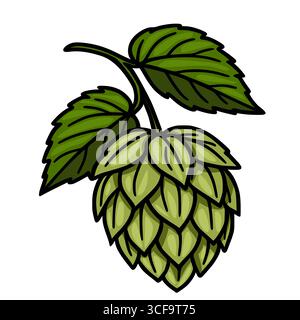 Eine detaillierte Vektor-Illustration eines Hopfenkegels mit zwei Blättern, die seine komplizierte Struktur und leuchtende Grüntöne zeigt, ideal für Brauereietiketten oder b Stock Vektor