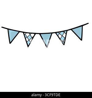 Eine bezaubernde Vektor-Illustration einer festlichen Fahne mit abwechselnden einfarbigen und karierten hellblauen Dreiecksfahnen, perfekt für Partyeinladungen Stock Vektor