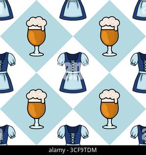 Nahtloses Vektormuster mit einem skurrilen Oktoberfest-Design mit abwechselnden Illustrationen von Bierbecher und Dirndl-Tops, gesetzt in einem hellblauen Stock Vektor