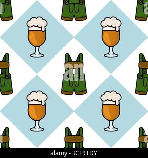 Nahtloses Vektormuster mit einem verspielten Oktoberfest-Design mit Bierbecher und Lederhose auf einem hellblauen Diamanthintergrund, perfekt für festliche C Stock Vektor