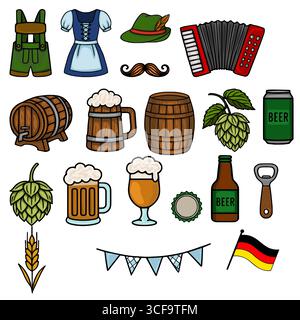 Eine lebendige Vektor-Illustration mit einer Sammlung von handgezeichneten Oktoberfest-Ikonen, einschließlich traditioneller Kleidung, Biersteinen, Fässern, Hopfen, und A Stock Vektor