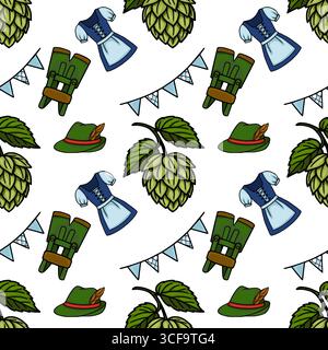 Nahtloses Vektormuster mit Oktoberfest Elements Dirndl Kleid, Lederhosen, Hopfenzapfen, traditionellem Hut und festlichem Faden, so entsteht ein lebendiges A Stock Vektor