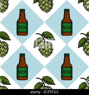 Nahtloses Vektormuster mit handgezeichneten Illustrationen von Bierflaschen und Hopfen auf einem hellblauen und weißen diamantförmigen Hintergrund, ideal für Oktob Stock Vektor