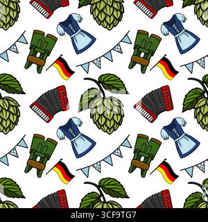 Nahtloses Vektormuster mit lebendigen Illustrationen von Oktoberfest-Elementen traditionelles Dirndl-Kleid, Akkordeon, Hopfenzapfen, Lederhosen, deutscher fla Stock Vektor