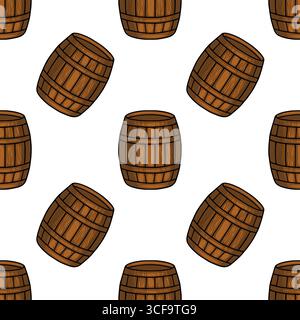 Nahtloses Vektormuster aus braunen Holzfässern, eine rustikale und charmante Illustration, die perfekt für Oktoberfest- oder Pub-Themen ist, mit detaillierter Holzgra Stock Vektor