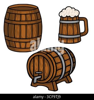 Eine Vektor-Illustration mit drei hölzernen Bierfässern, eines stehend und zwei liegend, begleitet von einem hölzernen Bierkrug voller schäumendem Bier. Stock Vektor