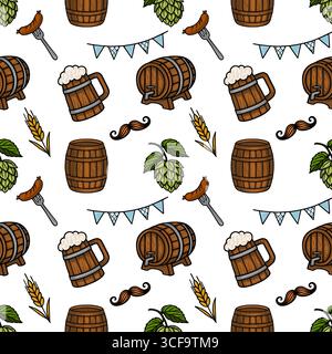 Nahtloses Vektormuster mit Oktoberfest Elements Bierbecher, Fässer, Hopfen, Würstchen, Schnurrbärte, und bayerische Fahnen, die ein festliches und fröhliches ich schaffen Stock Vektor