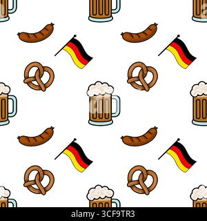 Nahtloses Vektormuster mit fröhlichen Illustrationen von Bierbecher, Brezeln, Würstchen und deutschen Flaggen, perfekt für Oktoberfestmotive. Stock Vektor