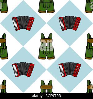 Nahtloses Vektormuster mit einem fröhlichen Oktoberfest-Design mit sich wiederholenden roten Akkordeons und grüner Lederhose auf einem hellblauen Diamanthintergrund. Stock Vektor