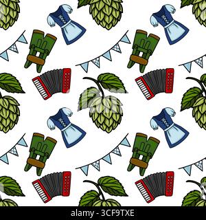 Nahtloses Vektormuster mit Oktoberfest Elements Dirndl Kleid, Lederhosen, Hopfenzapfen, Akkordeon und festlichen Fahnen, ein lebendiges und modernes Design Stock Vektor