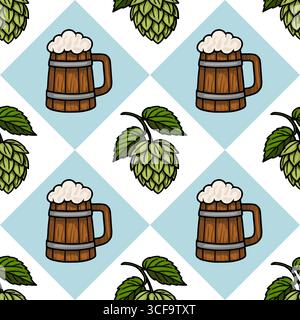 Nahtloses Vektormuster mit handgezeichneten hölzernen Bierbecher mit schaumigen Spitzen und realistischen Hopfenzapfen auf einem hellblauen Diamanthintergrund, ideal für OK Stock Vektor