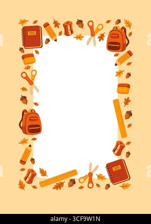Herbstschulrahmen mit Schreibwaren im flachen Vektor-Design Stock Vektor