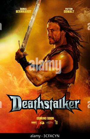 Deathstalker (2025) unter der Regie von Steven Kostanski mit Daniel Bernhardt, Christina Orjalo und Paul Lazenby. Ein Reboot des Kultfilms aus dem Jahr 1983 mit Schwert und Zauberei, der dem Krieger Deathstalker auf einer Reise durch ein Fantasy-Reich voller Monster und dunkler Magie folgt. NUR ZUR REDAKTIONELLEN VERWENDUNG des US-Advance-Posters. Guthaben: BFA / Shout! Studios Stockfoto