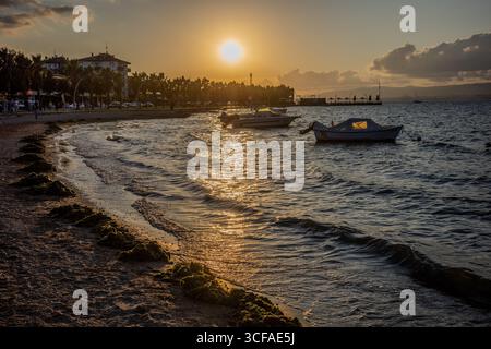 Goldener Sonnenuntergang über Başiskele Sahil mit ankerbaren Booten, Sandstrand und palmengesäumter Promenade mit Blick auf das Marmarameer in Başiskele, Kocaeli, Tür Stockfoto