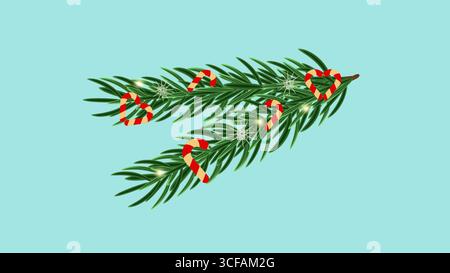 Weihnachtsbaumzweig mit Dekoration Neujahr. Glitzer. Entwerfen Sie Postkartenbanner und Webseite. Vektorabbildung. Stock Vektor