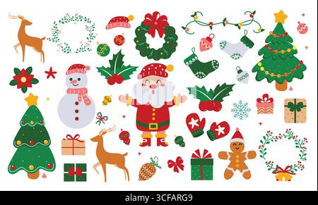 Weihnachtliches Design mit flachem Clipart. ClipArt-Kollektion mit Weihnachtsdekorationen wie Weihnachtsmann, Schneemann, Kiefer, Laterne, Mistel Stock Vektor
