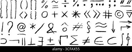 Handgezeichnete Satzzeichen und mathematische Zeichen. Schwarze braune Klammern Fragezeichen, Ausrufezeichen und Anführungszeichen. Verschiedene mathematische Symbole bündeln. Vektor skizzierte Packung Stock Vektor
