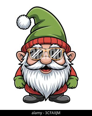 Coole Santa Gnome mit Sonnenbrille und grüner Hut Illustration Stock Vektor